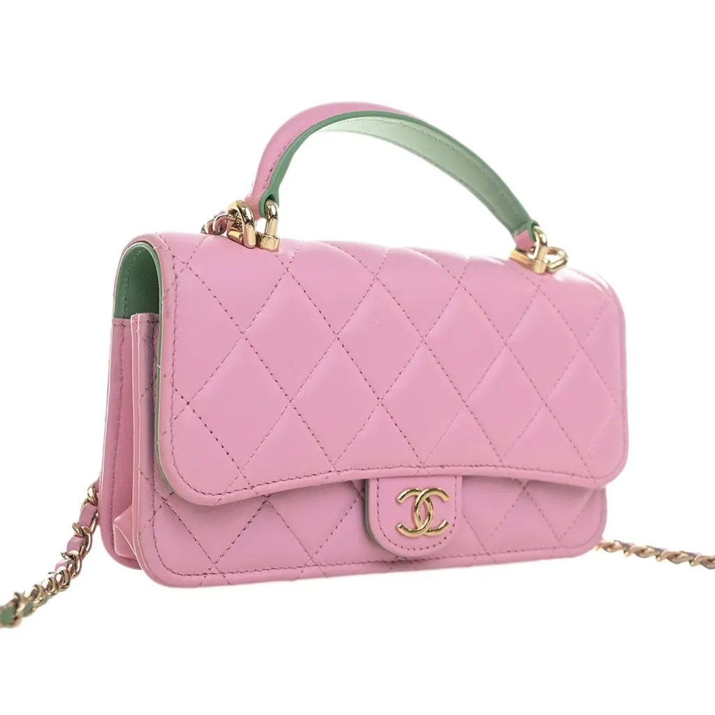 Chanel CC Quilted Lambskin Top Handle Phone Holder with Chain Pink Leather Very good - Inside View