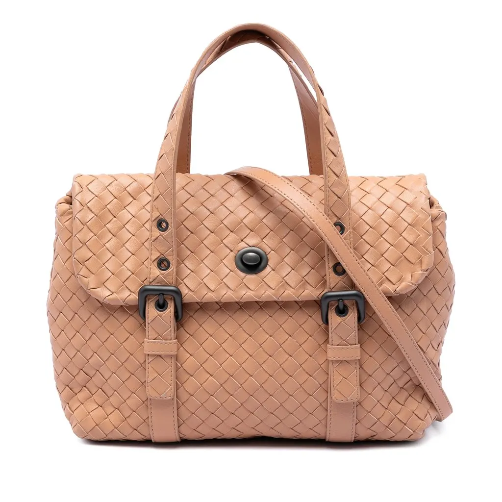 Bottega Veneta Nappa Intrecciato Flap Satchel Brown Leather Very good - Front View