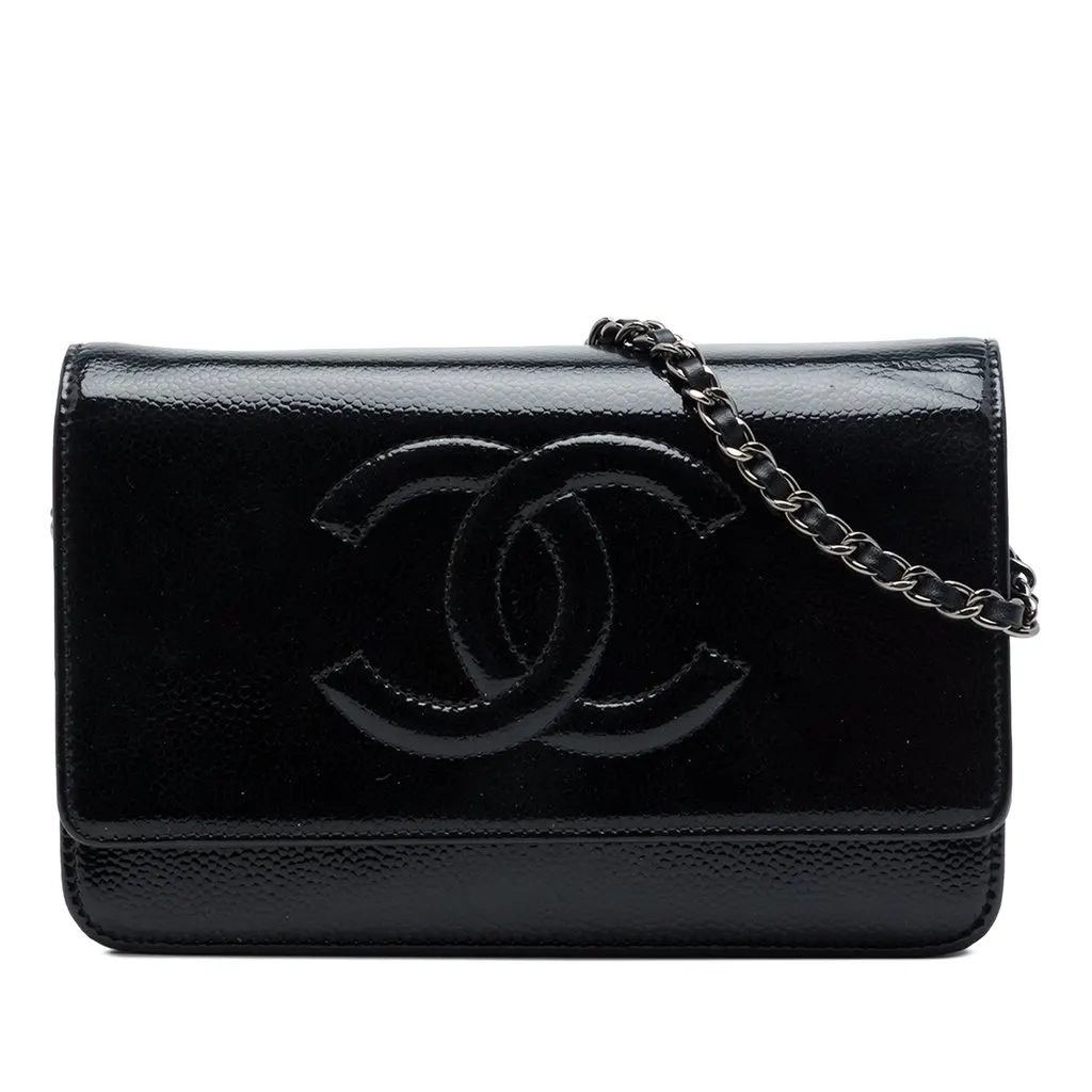 Chanel CC Patent Caviar Wallet On Chain Black Leather Very good - Front View