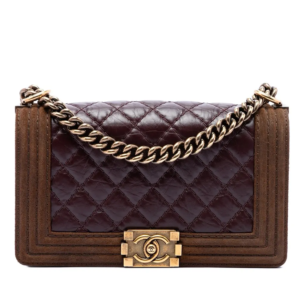 Chanel Old Medium Nubuck Trimmed Quilted Aged Calfskin Boy Flap Red Leather Very good - Front View