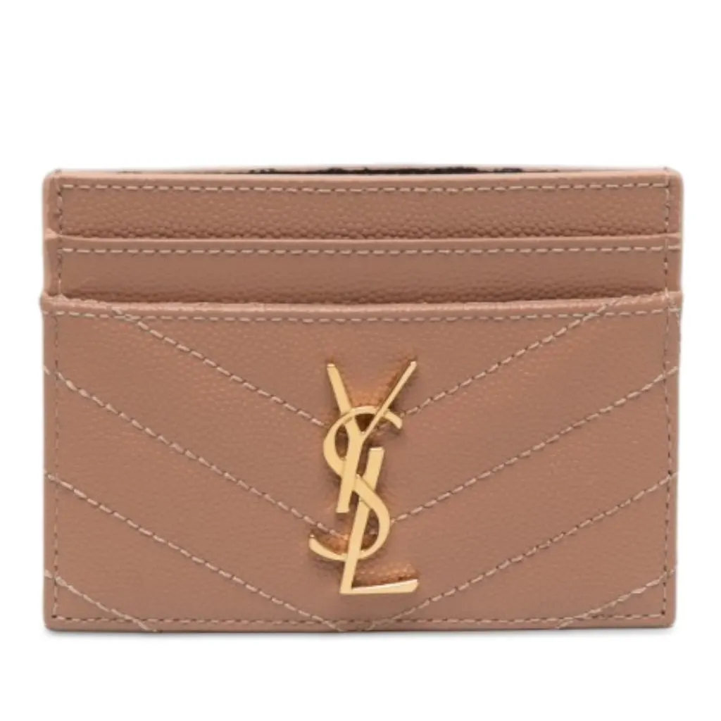 Saint Laurent Chevron Grain de Poudre Cassandre Card Holder Brown Leather Never worn - Front View