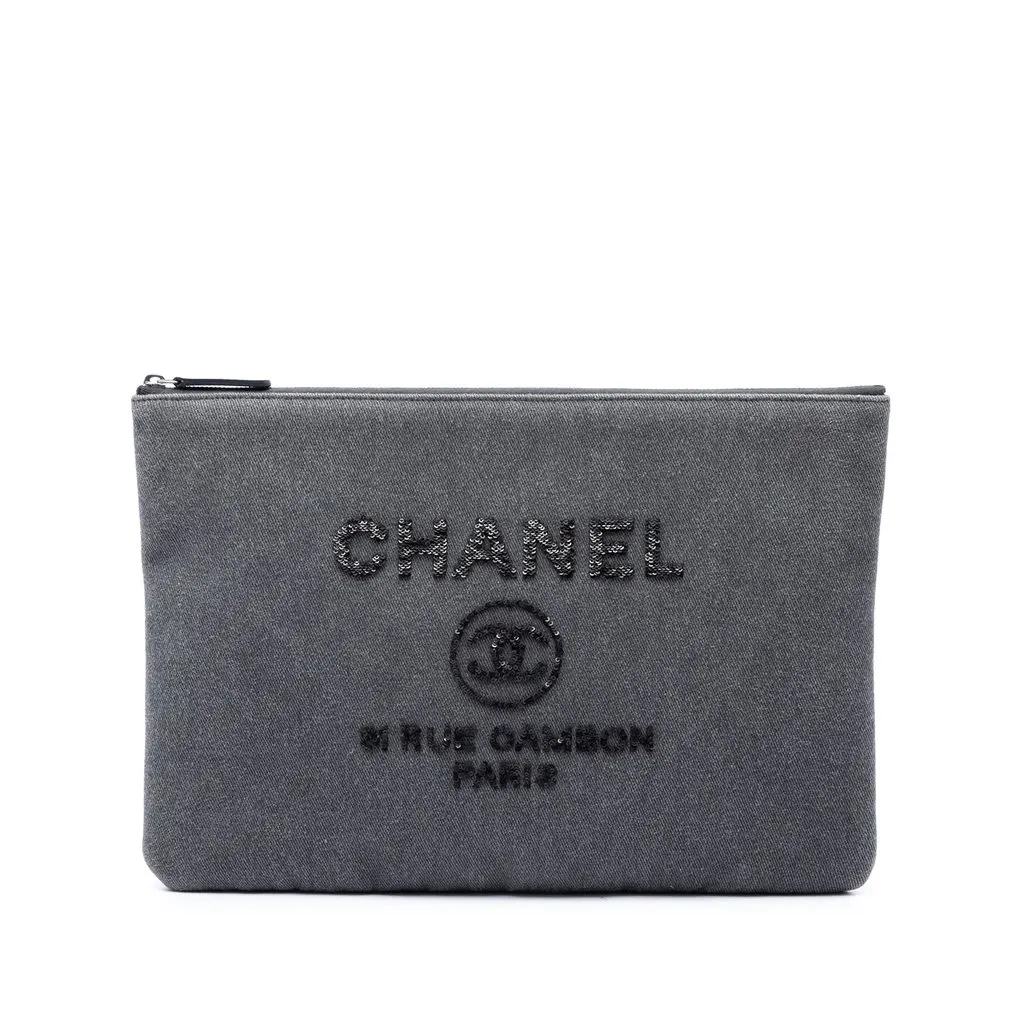 Chanel Large Denim Sequin Embellished Deauville O Case Clutch Grey Denim Very good - Front View