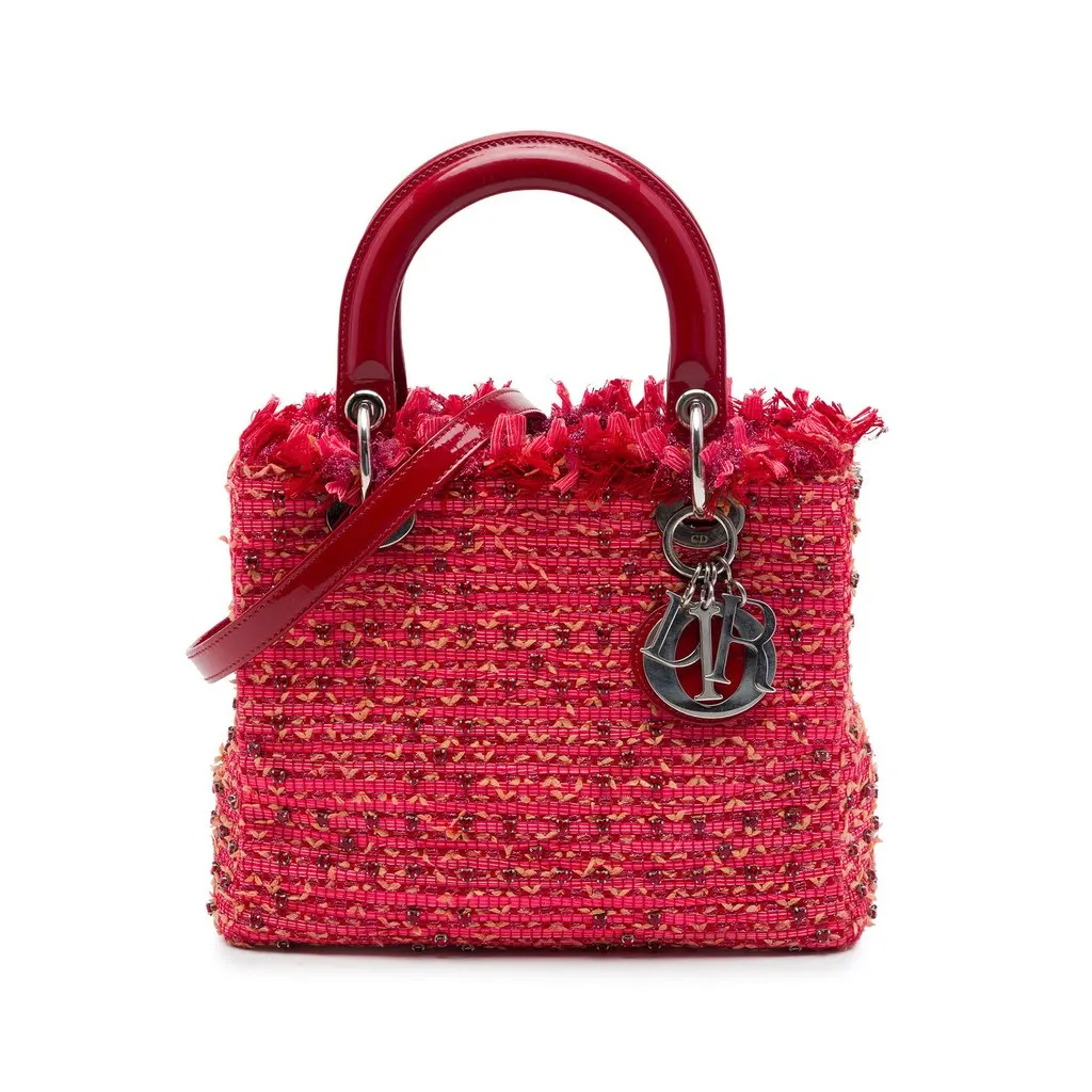 Dior Medium Tweed Fringe Rhinestone Lady Dior Red Tweed Good - Front View