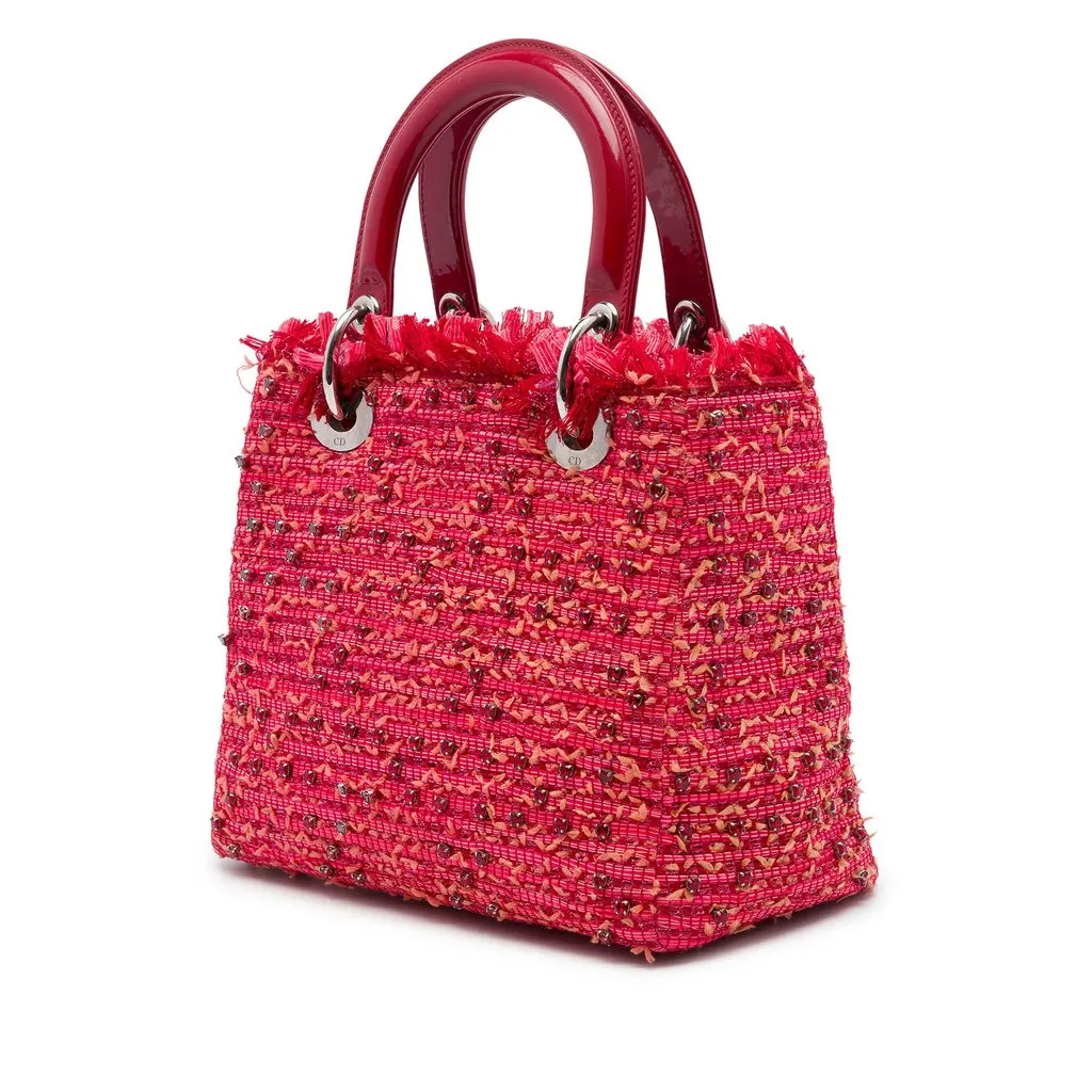Dior Medium Tweed Fringe Rhinestone Lady Dior Red Tweed Good - Back View