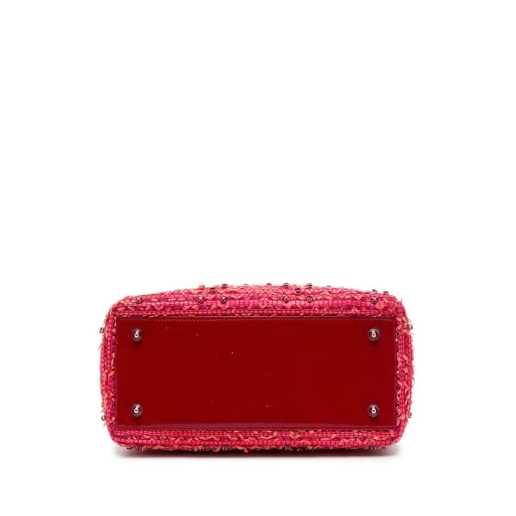 Dior Medium Tweed Fringe Rhinestone Lady Dior Red Tweed Good - Inside View