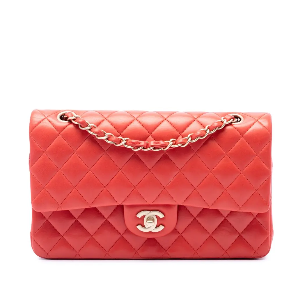 Chanel Medium Classic Lambskin Double Flap Orange Leather Very good - Front View