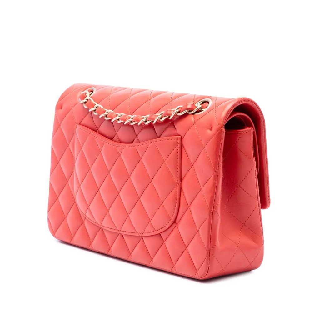 Chanel Medium Classic Lambskin Double Flap Orange Leather Very good - Back View