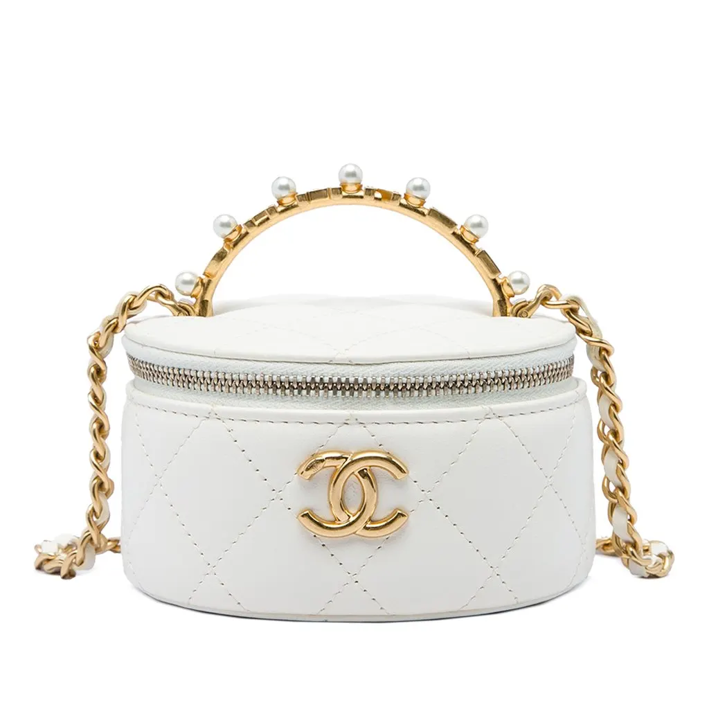 Chanel CC Quilted Lambskin Crystal Pearly Girl Round Top Handle Vanity Case with Chain White Leather Very good - Front View