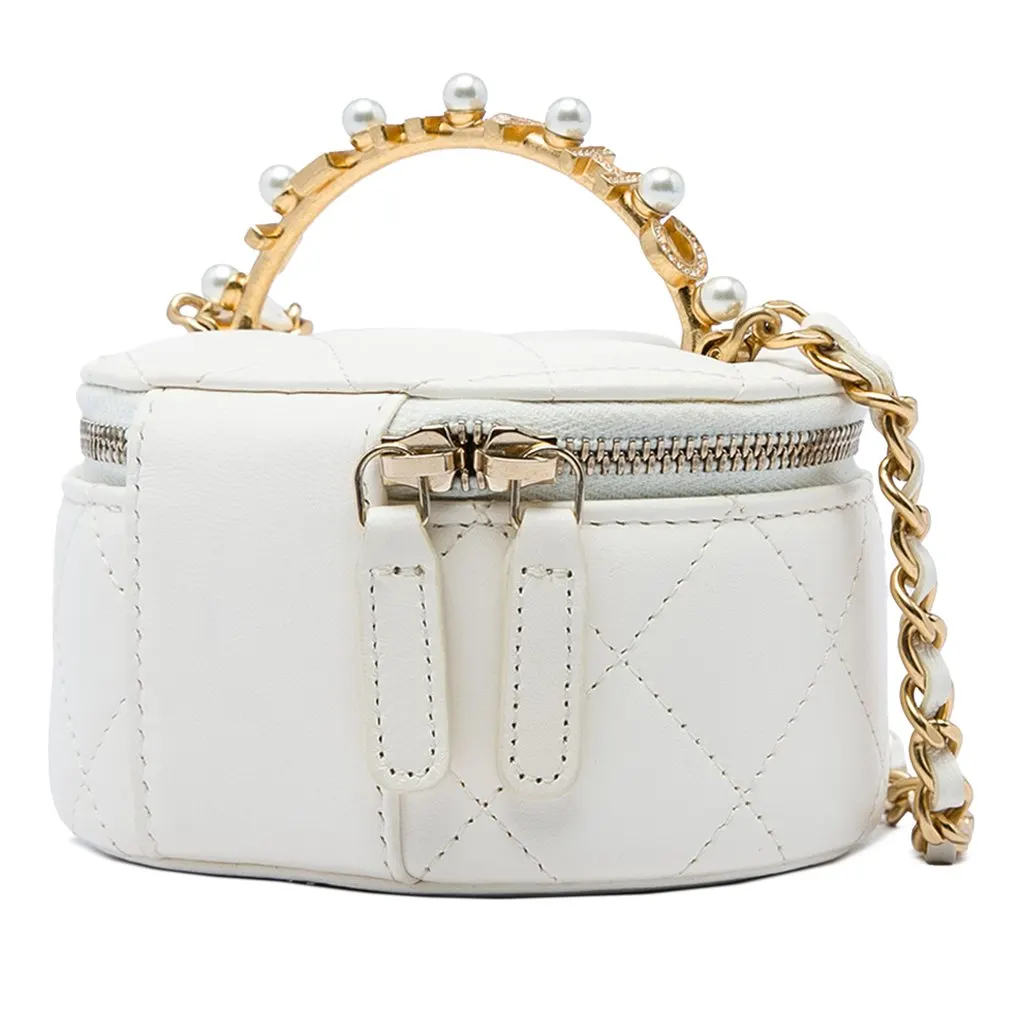 Chanel CC Quilted Lambskin Crystal Pearly Girl Round Top Handle Vanity Case with Chain White Leather Very good - Back View