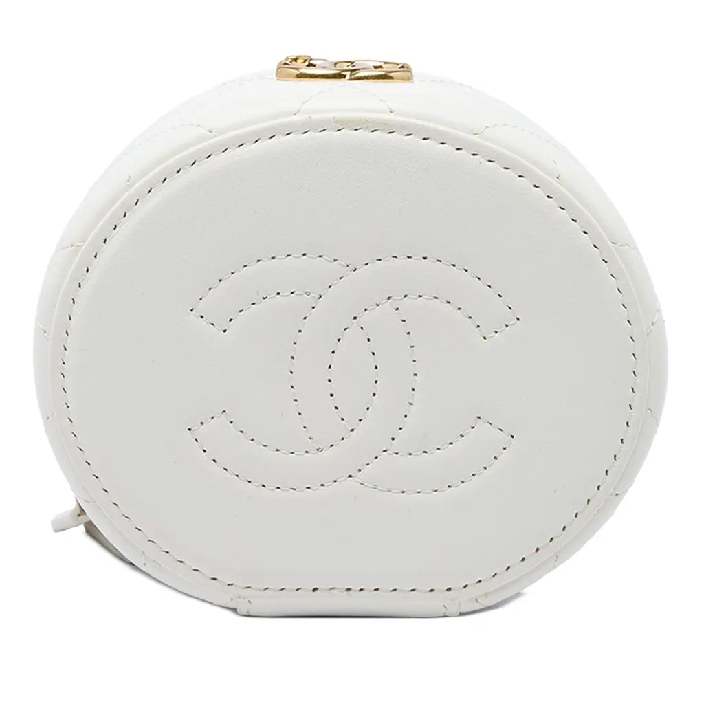 Chanel CC Quilted Lambskin Crystal Pearly Girl Round Top Handle Vanity Case with Chain White Leather Very good - Inside View