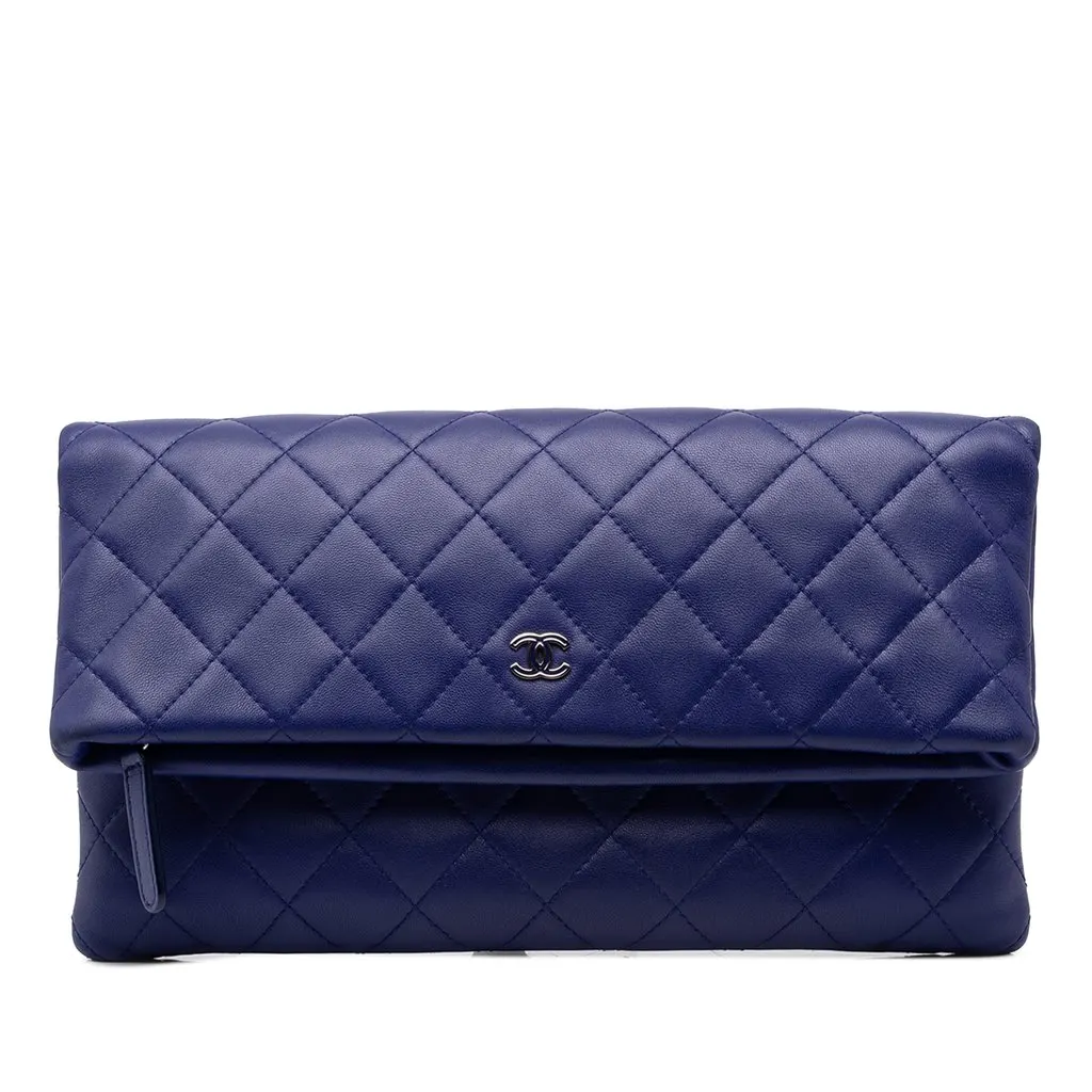 Chanel CC Quilted Lambskin Foldover Clutch Blue Leather Very good - Front View