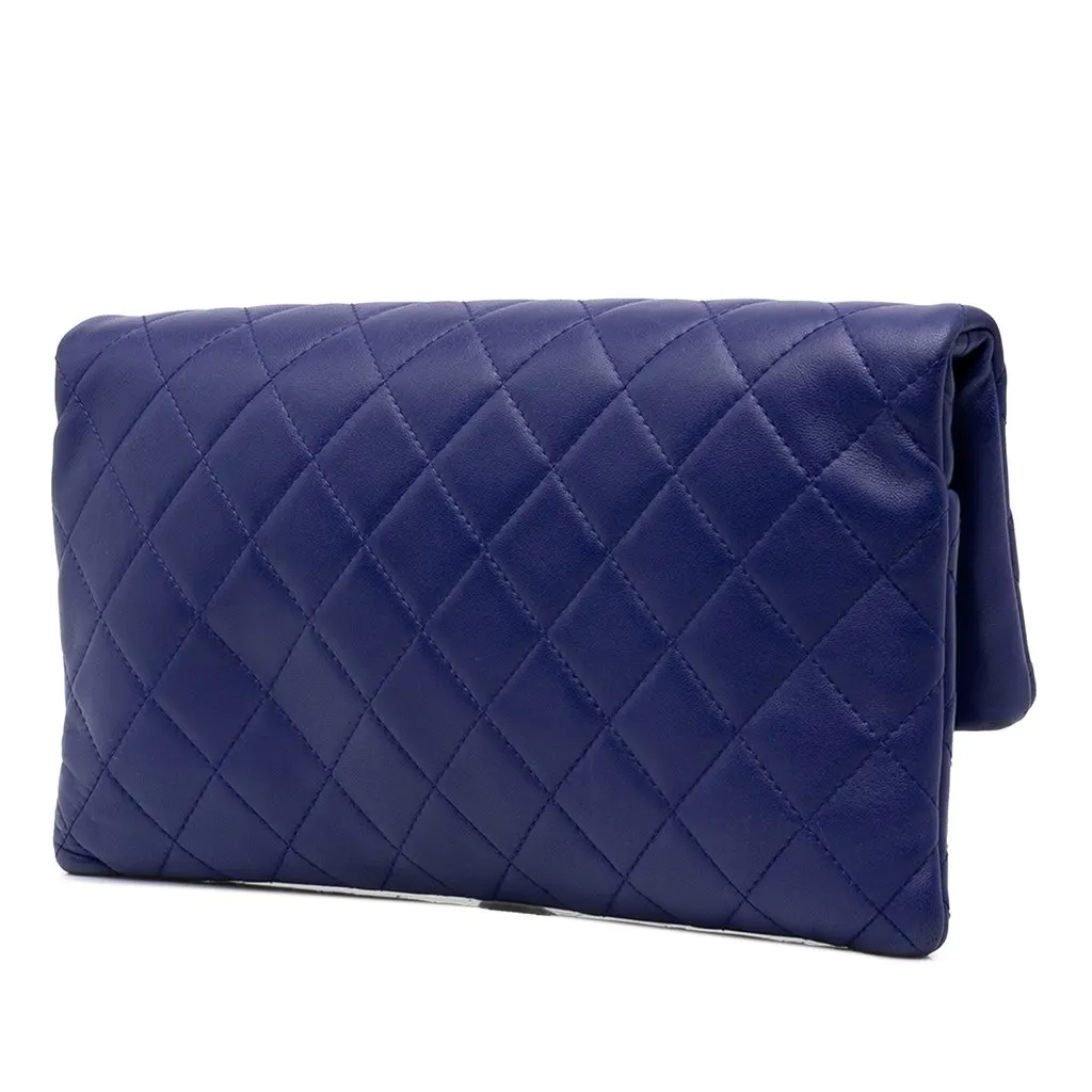 Chanel CC Quilted Lambskin Foldover Clutch Blue Leather Very good - Back View