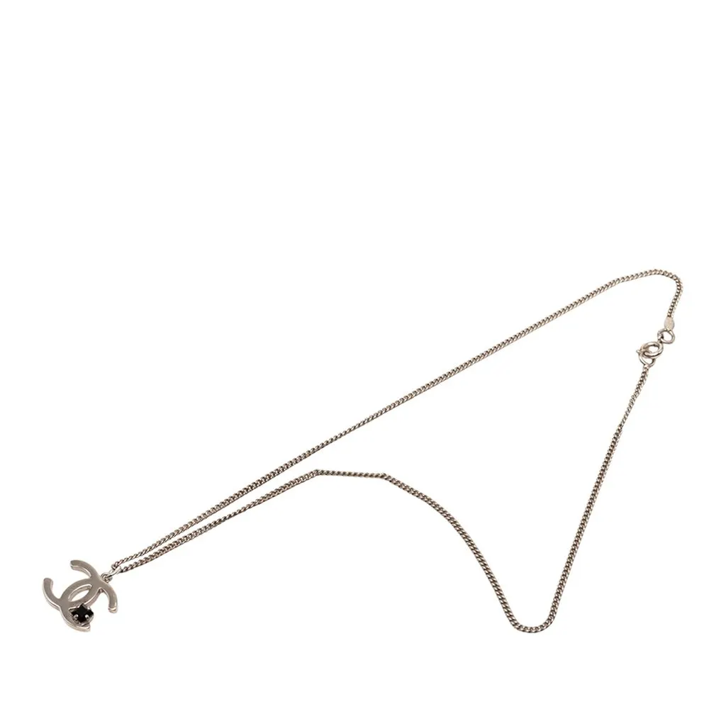 Chanel CC Brass Strass Pendant Necklace Silver Metal Very good - Front View