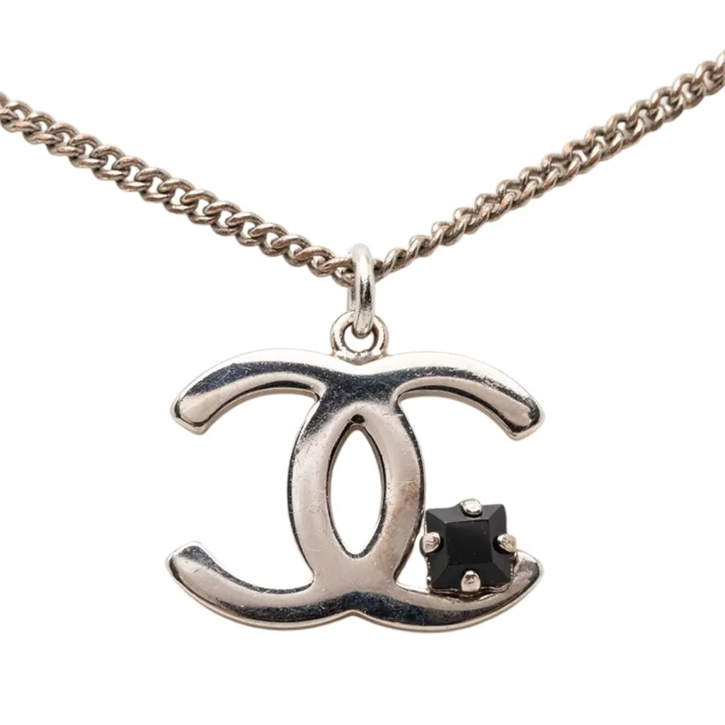 Chanel CC Brass Strass Pendant Necklace Silver Metal Very good - Back View