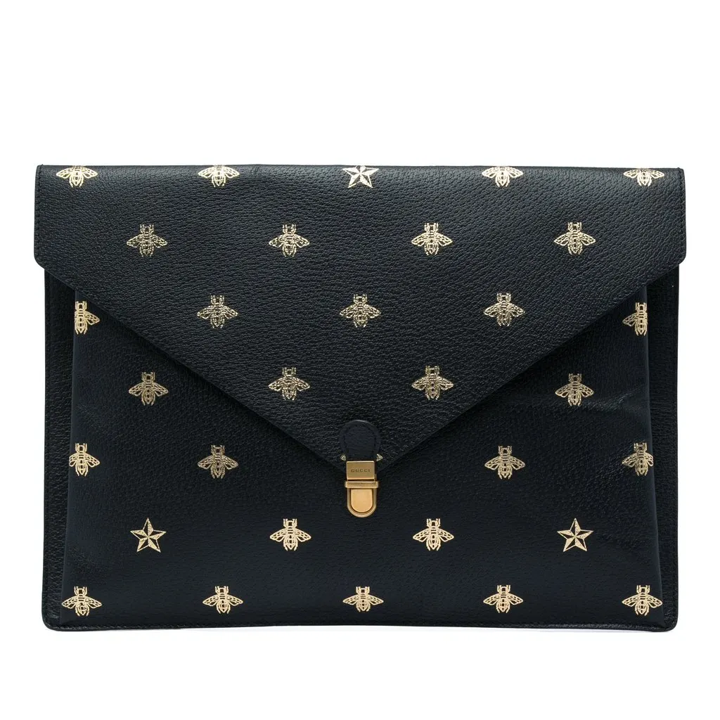 Gucci Calfskin Bee Star Portfolio Clutch Black Leather Good - Front View