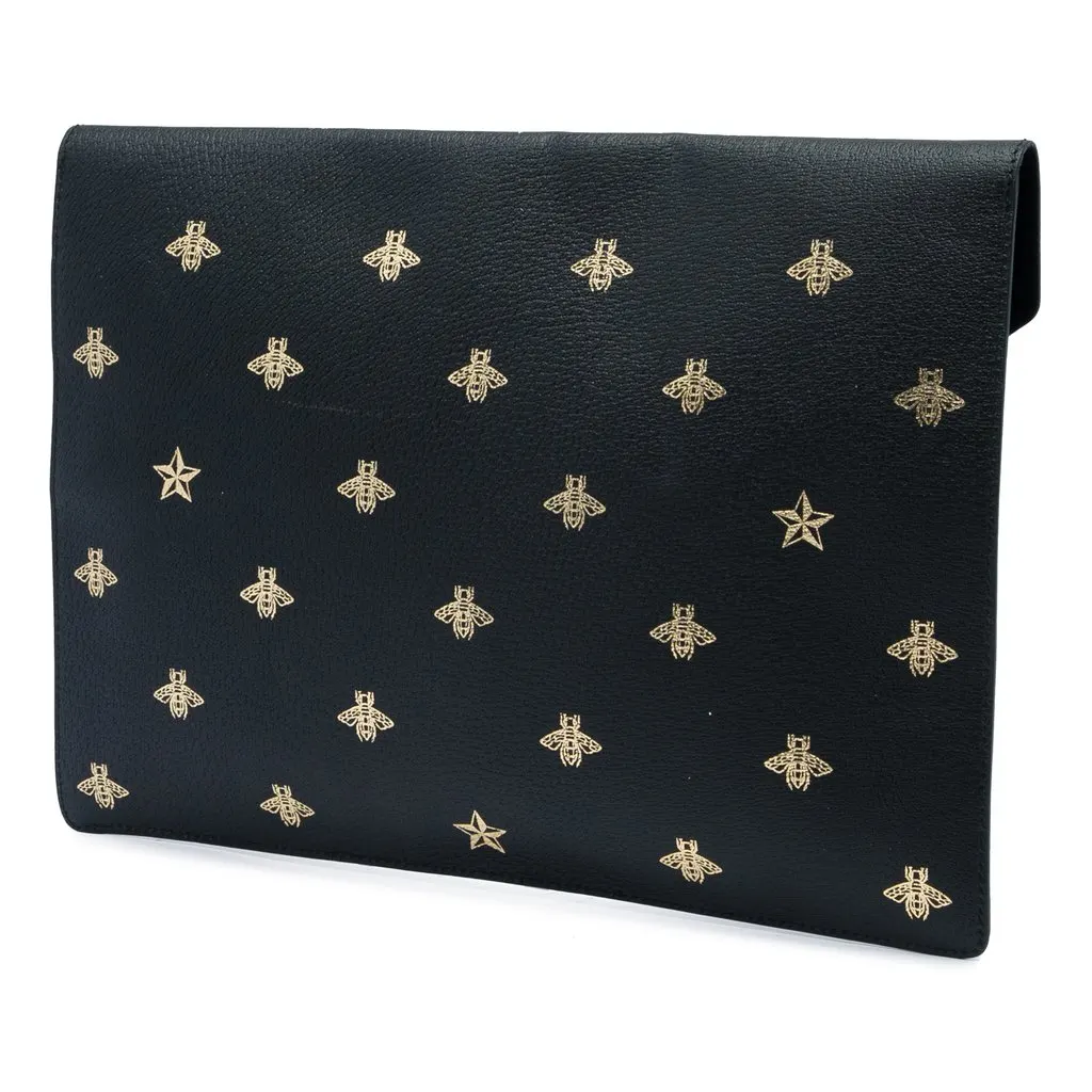 Gucci Calfskin Bee Star Portfolio Clutch Black Leather Good - Back View