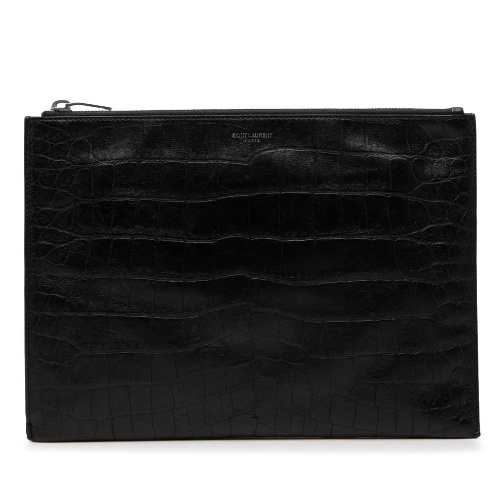 Saint Laurent Croc Embossed Leather Monogram Document Holder Black Leather Very good - Front View