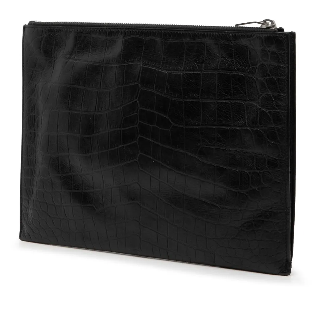 Saint Laurent Croc Embossed Leather Monogram Document Holder Black Leather Very good - Back View