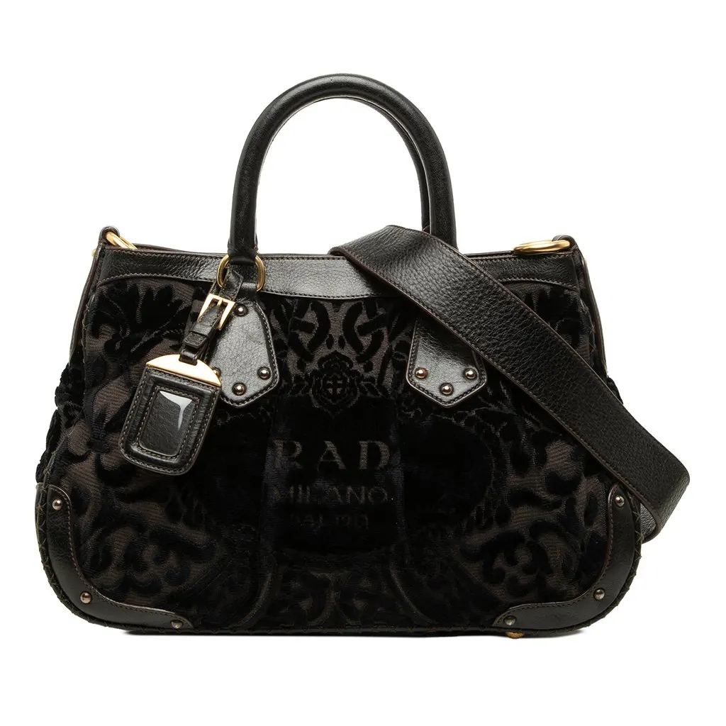 Prada Velluto Burnout and Canvas Canapa Logo Convertible Tote Black Velvet Good - Front View