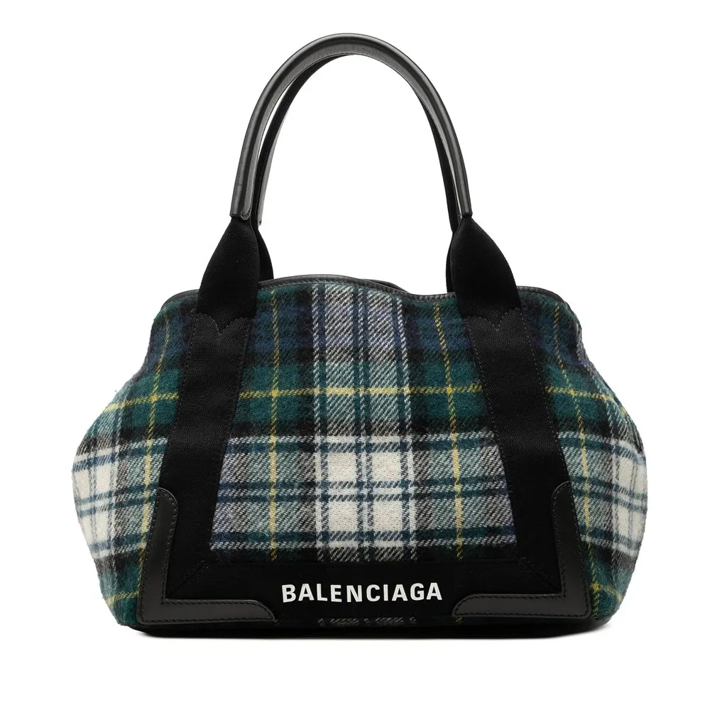 Balenciaga Plaid Wool Navy Cabas S Green Wool Very good - Front View