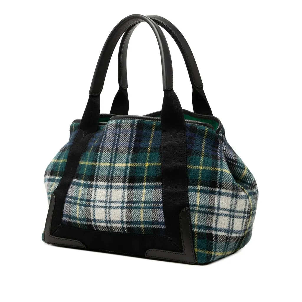 Balenciaga Plaid Wool Navy Cabas S Green Wool Very good - Back View