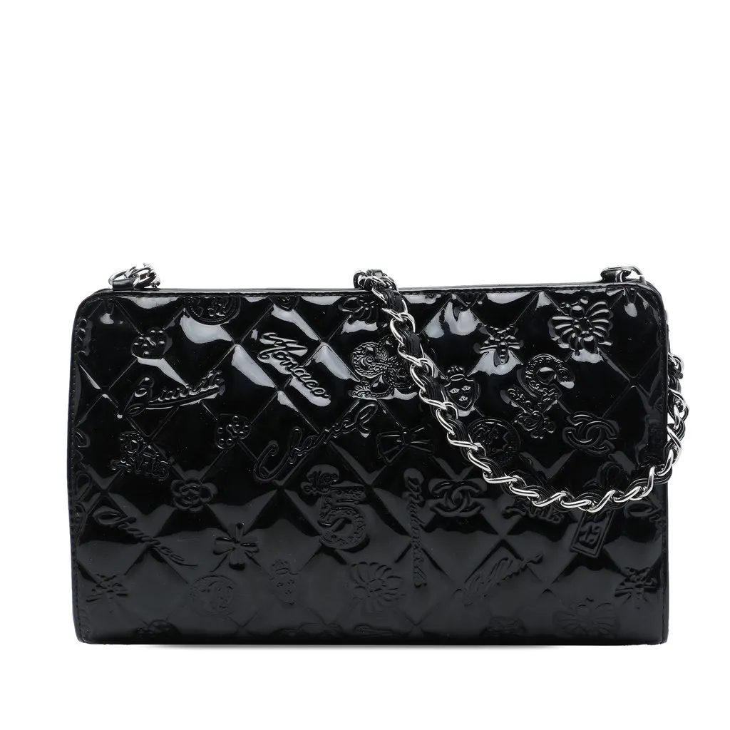 Chanel Quilted Patent Embossed Lucky Symbols Pochette Black Leather Very good - Front View