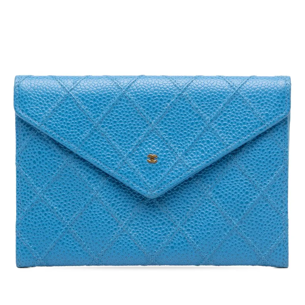 Chanel CC Quilted Caviar Envelope Wallet Blue Leather Good - Front View