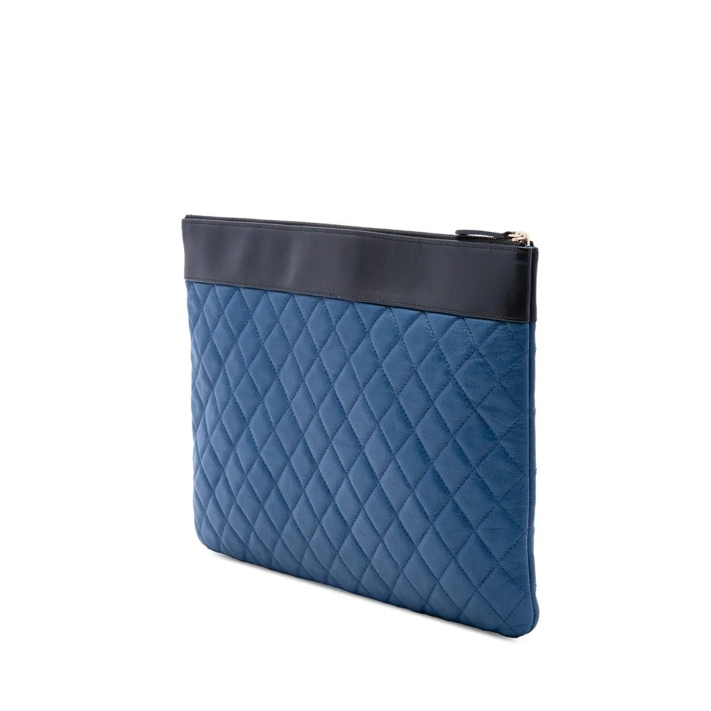 Chanel Large Bicolor Quilted Sheepskin Mademoiselle O Case Clutch Blue Leather Good - Back View