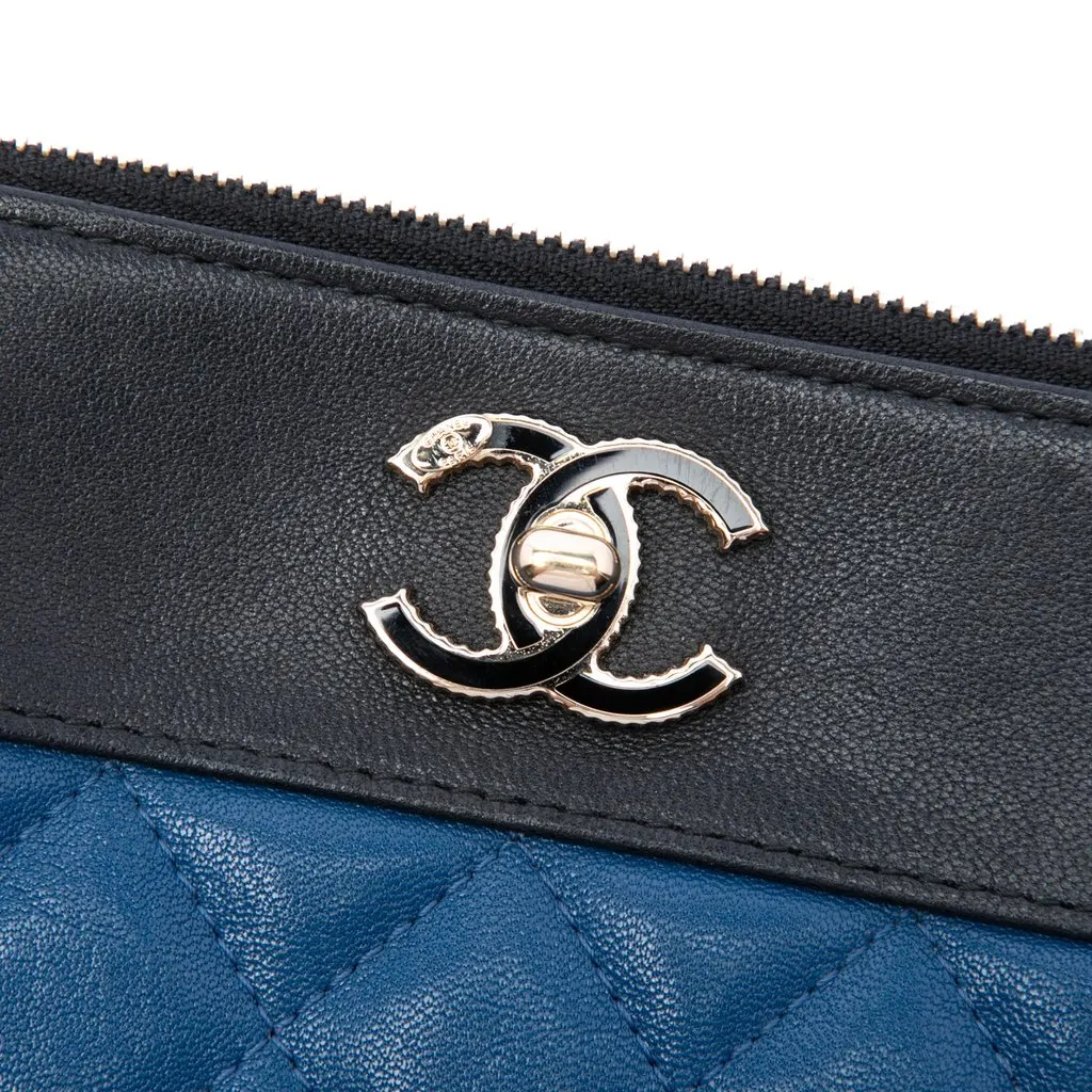 Chanel Large Bicolor Quilted Sheepskin Mademoiselle O Case Clutch Blue Leather Good - Box View