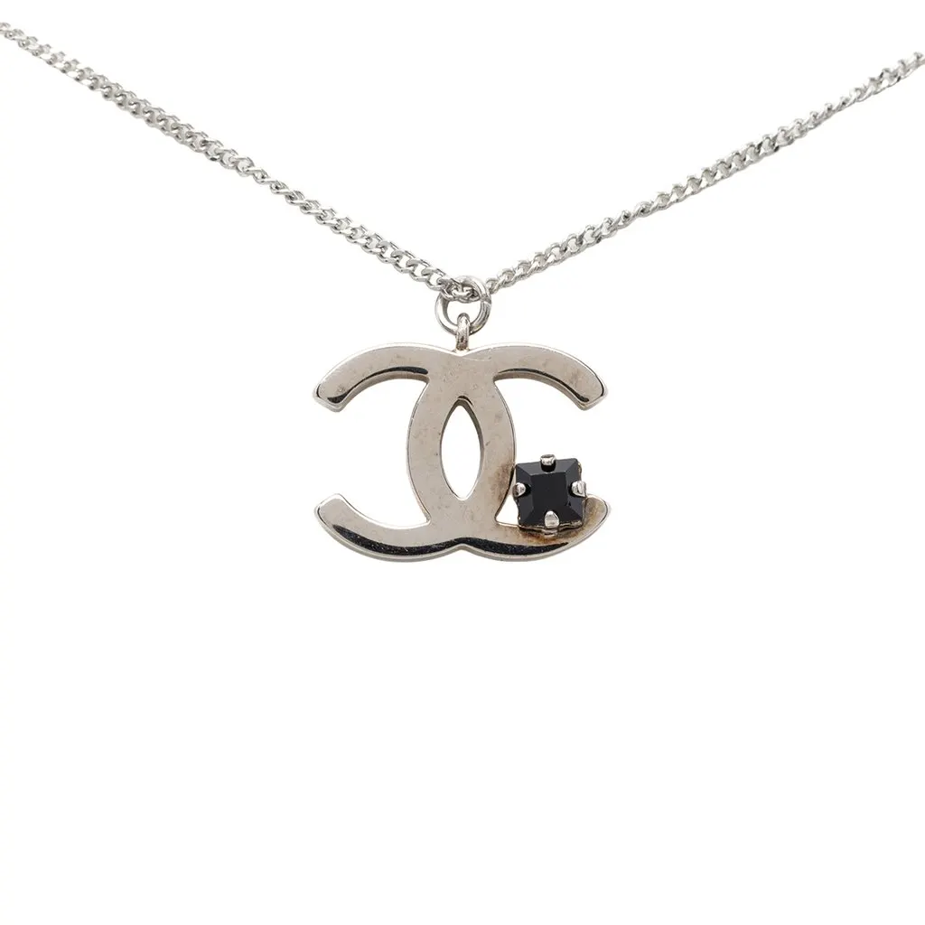 Chanel CC Brass Crystal Pendant Necklace Silver Metal Very good - Back View