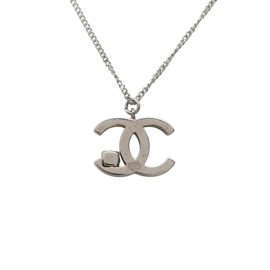 Chanel CC Brass Crystal Pendant Necklace Silver Metal Very good - Inside View