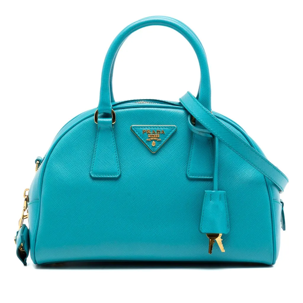 Prada Saffiano Lux Bowling Bag Blue Leather Very good - Front View
