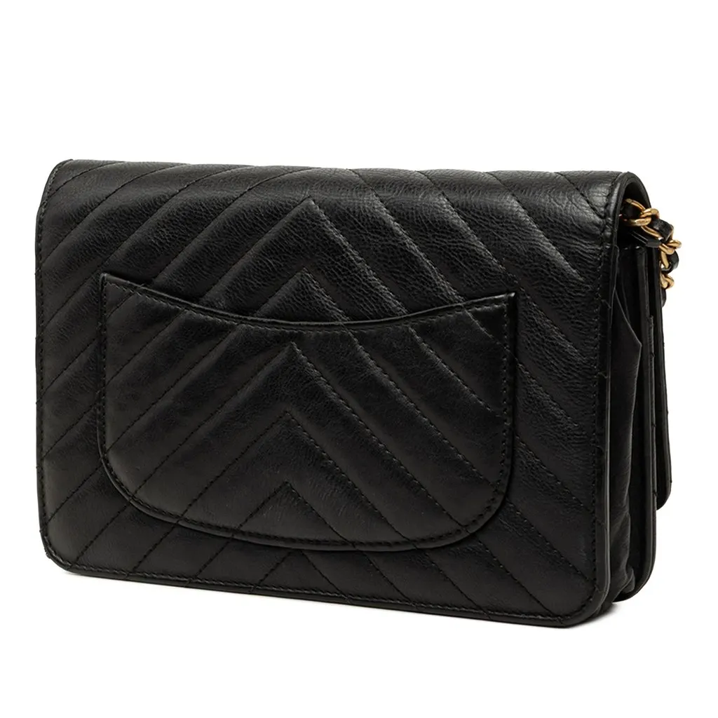 Chanel CC Chevron Calfskin Wallet On Chain Black Leather Very good - Back View