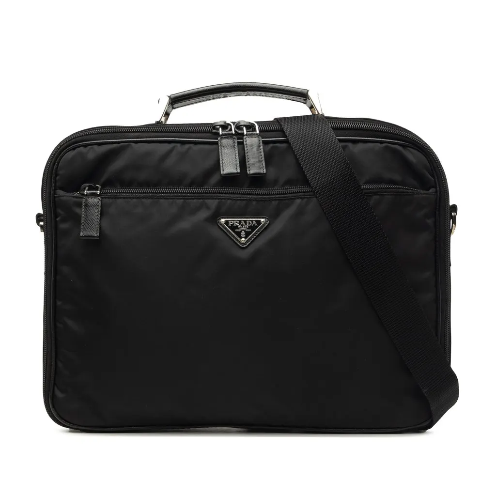 Prada Saffiano Trimmed Tessuto Business Bag Black Very good - Front View
