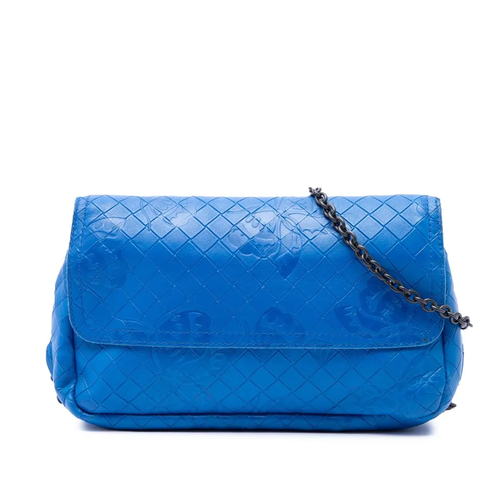 Bottega Veneta Small Calfskin Intrecciomirage Embossed Butterfly Chain Crossbody Blue Leather Very good - Front View