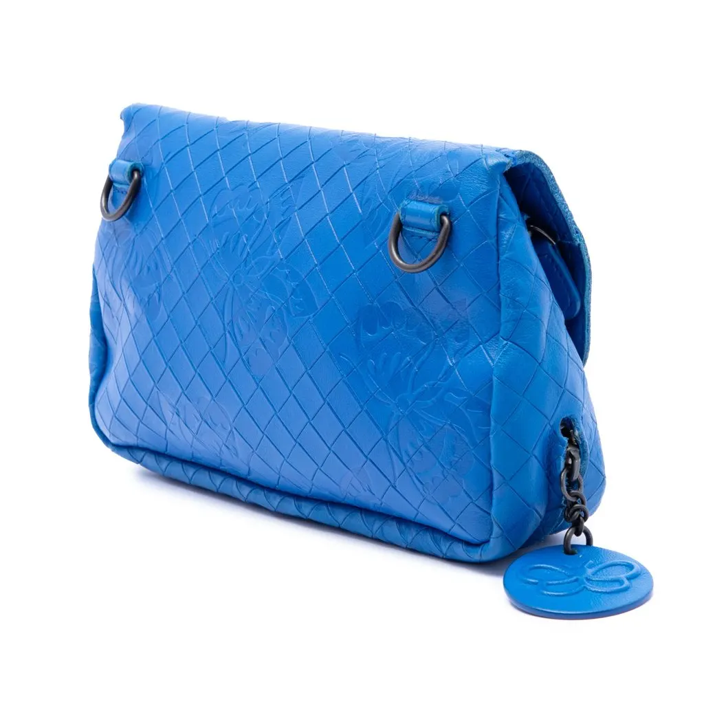 Bottega Veneta Small Calfskin Intrecciomirage Embossed Butterfly Chain Crossbody Blue Leather Very good - Back View