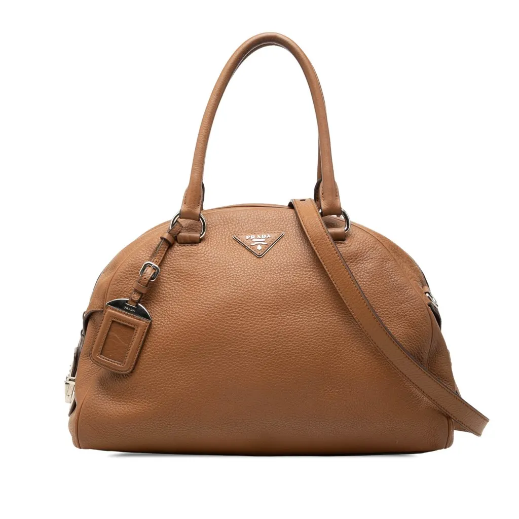 Prada Vitello Daino Dome Convertible Bowling Bag Brown Leather Very good - Front View