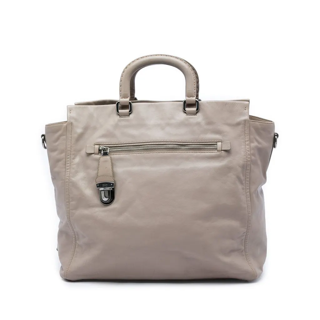 Prada Calfskin Front Pocket Satchel Beige Leather Good - Front View