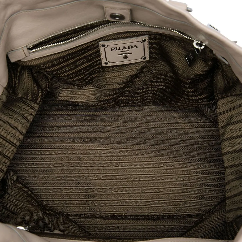 Prada Calfskin Front Pocket Satchel Beige Leather Good - Model View