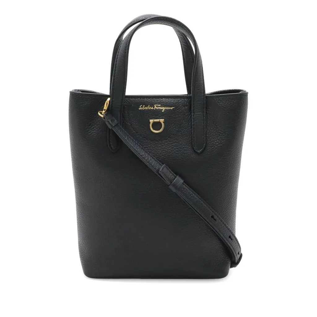 Ferragamo Mini Tumbled Calfskin Gancini Tote Black Leather Very good - Front View