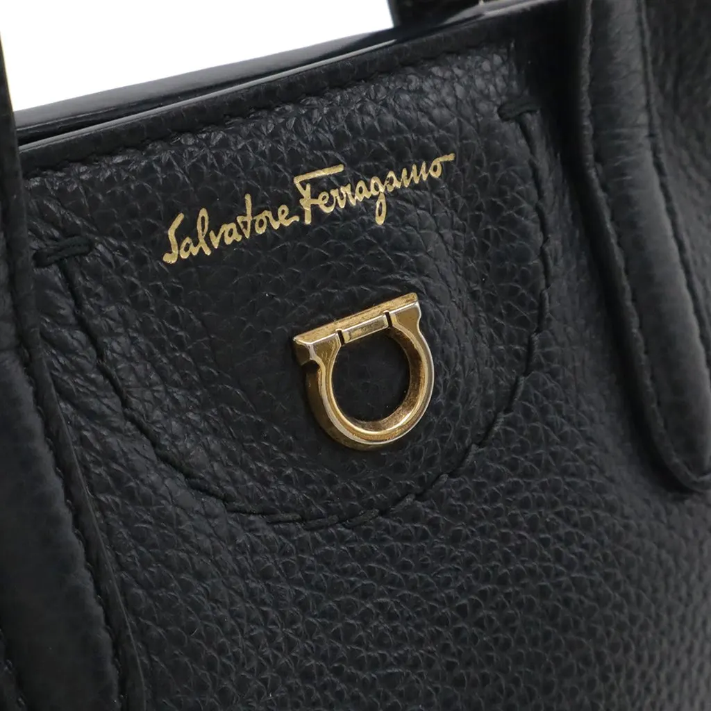 Ferragamo Mini Tumbled Calfskin Gancini Tote Black Leather Very good - Box View