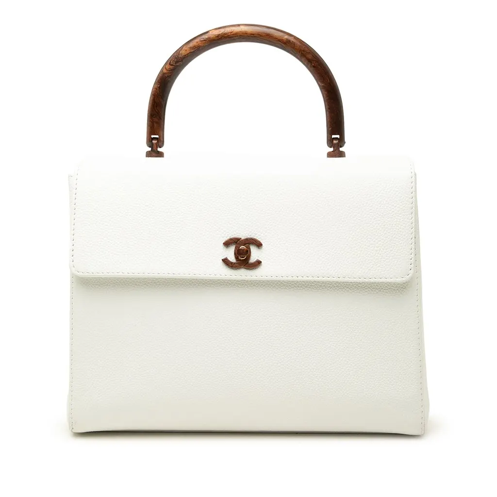 Chanel CC Caviar Kelly Wood Top Handle Bag White Leather Good - Front View