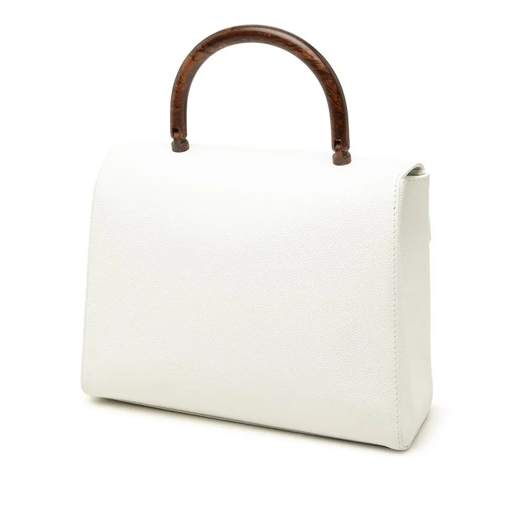 Chanel CC Caviar Kelly Wood Top Handle Bag White Leather Good - Back View