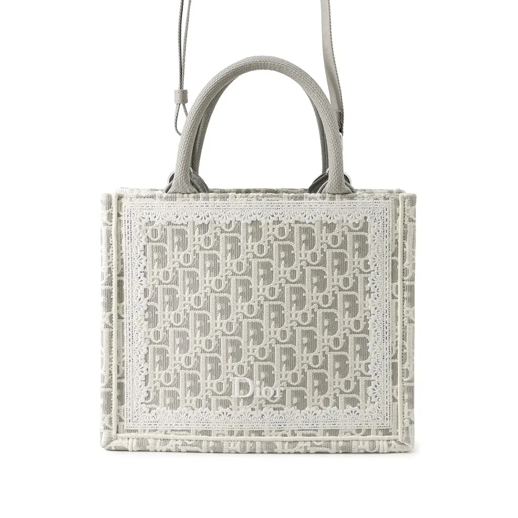 Dior Mini Oblique Embroidered Canvas Lace Book Tote Silver Very good - Front View