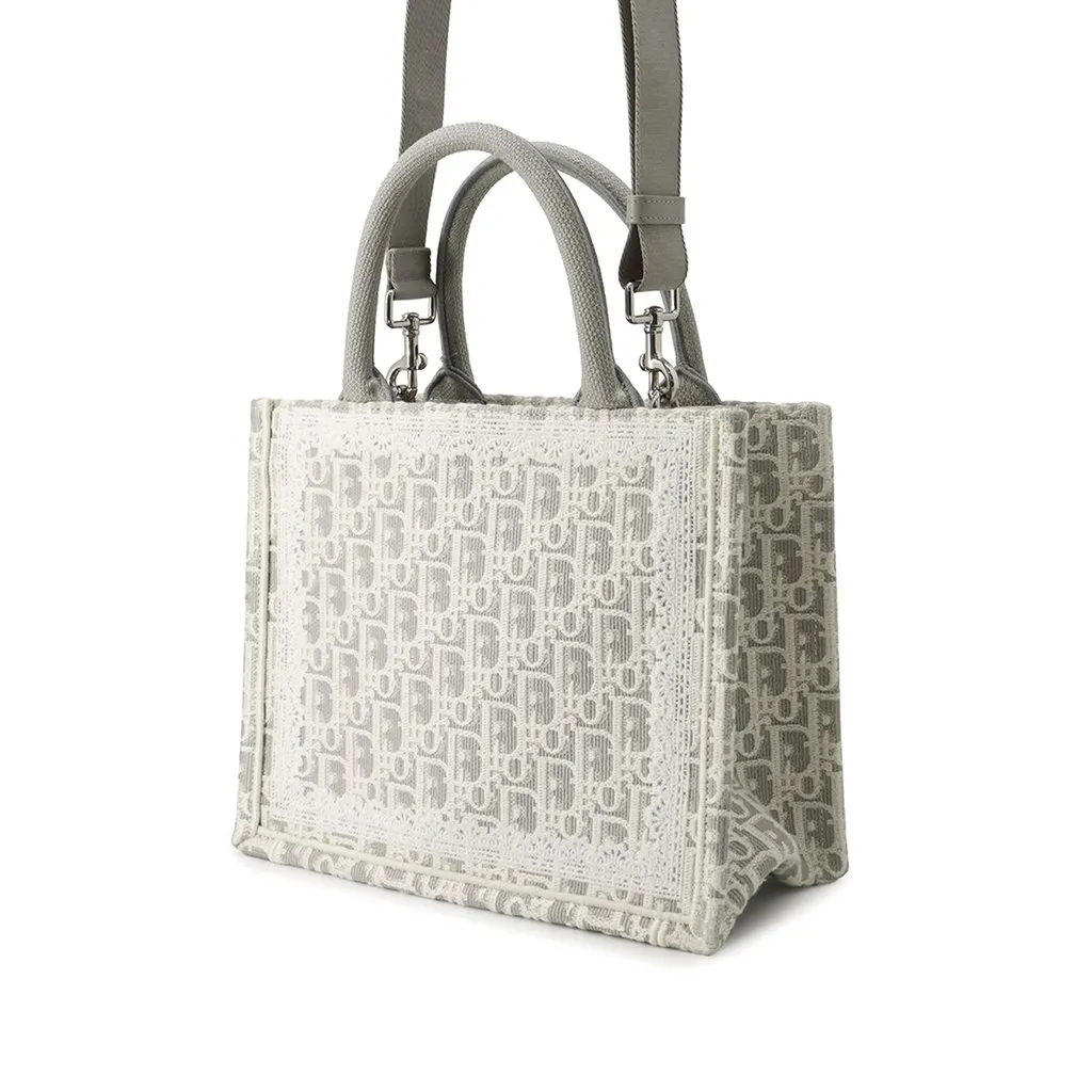 Dior Mini Oblique Embroidered Canvas Lace Book Tote Silver Very good - Back View