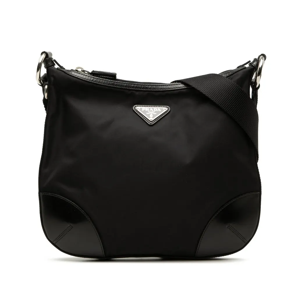 Prada Leather Trimmed Tessuto Zip Top Crossbody Black Very good - Front View