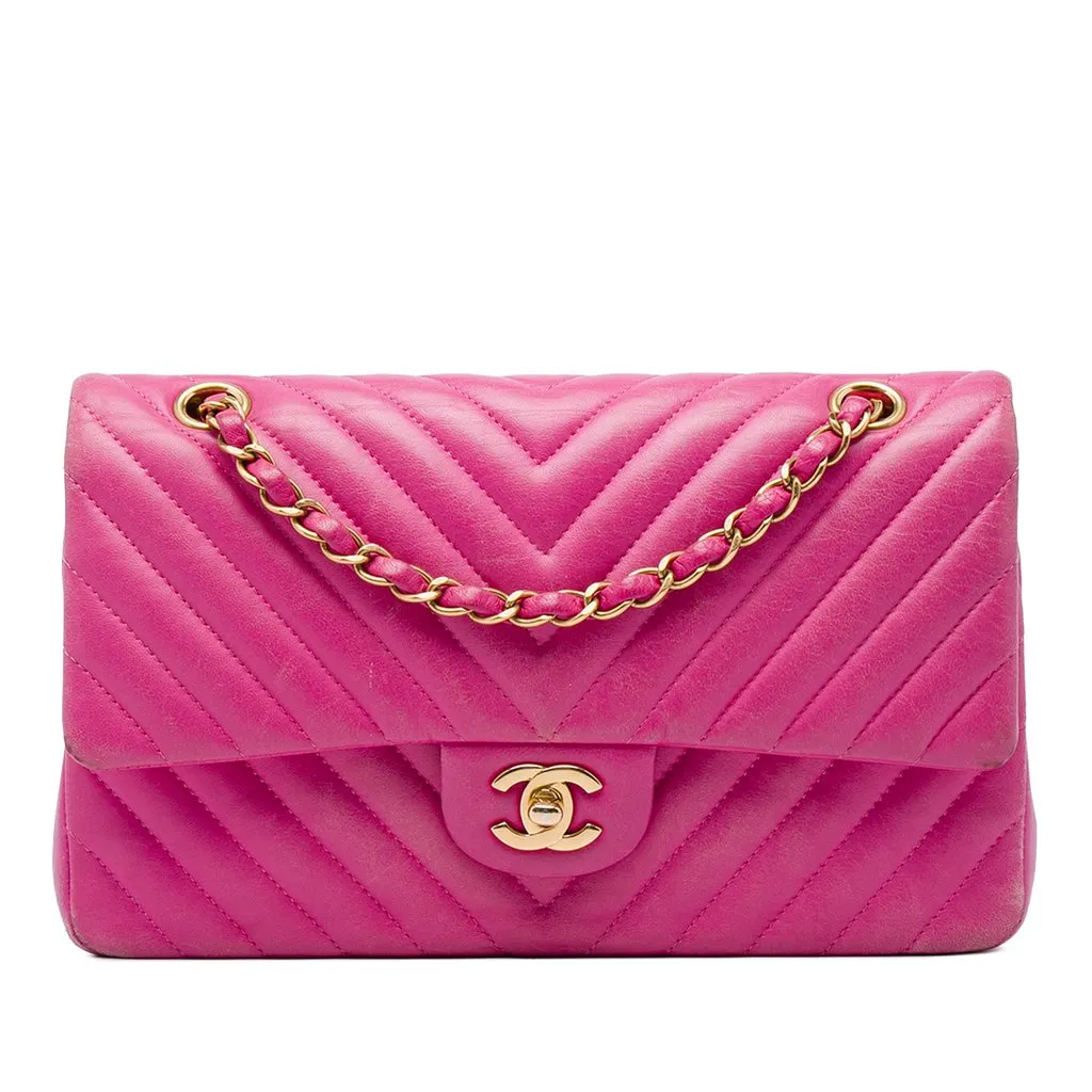 Chanel Medium Classic Chevron Lambskin Double Flap Pink Leather Very good - Front View