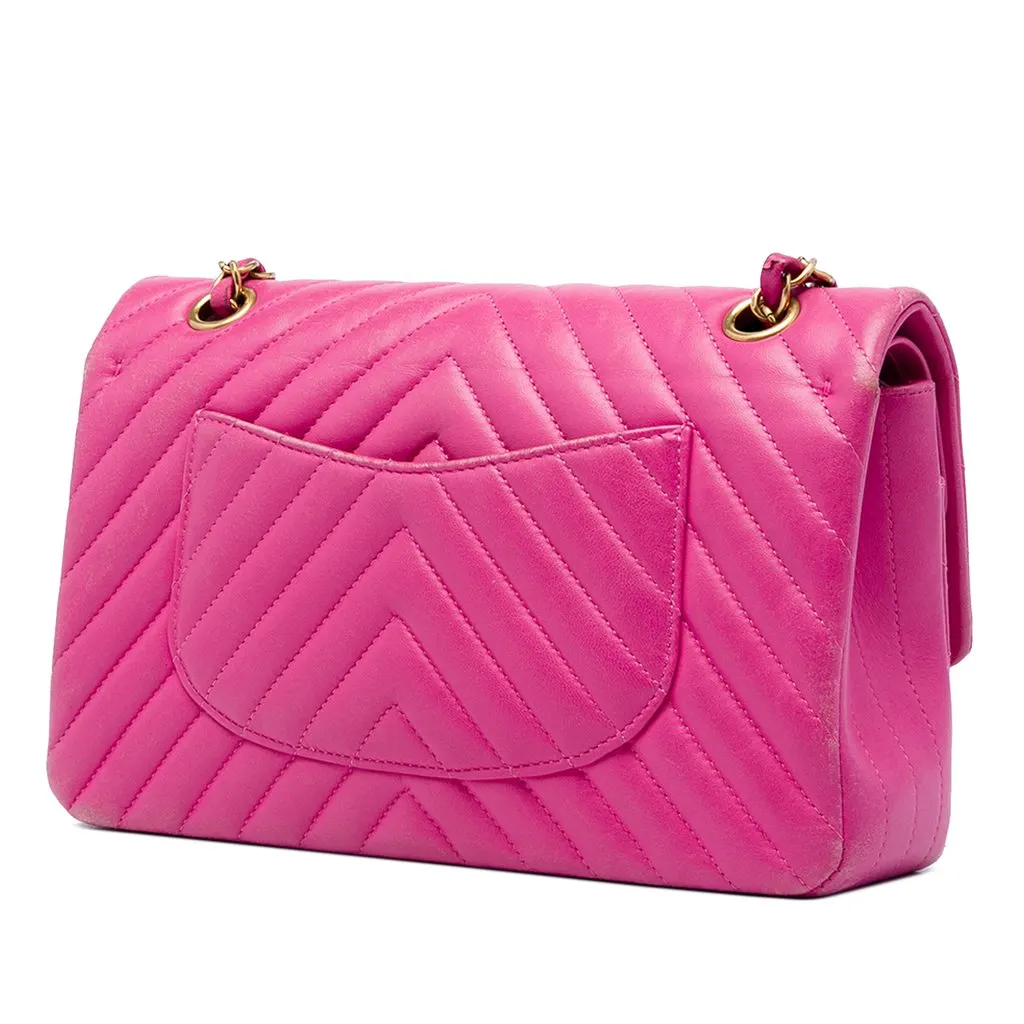Chanel Medium Classic Chevron Lambskin Double Flap Pink Leather Very good - Back View