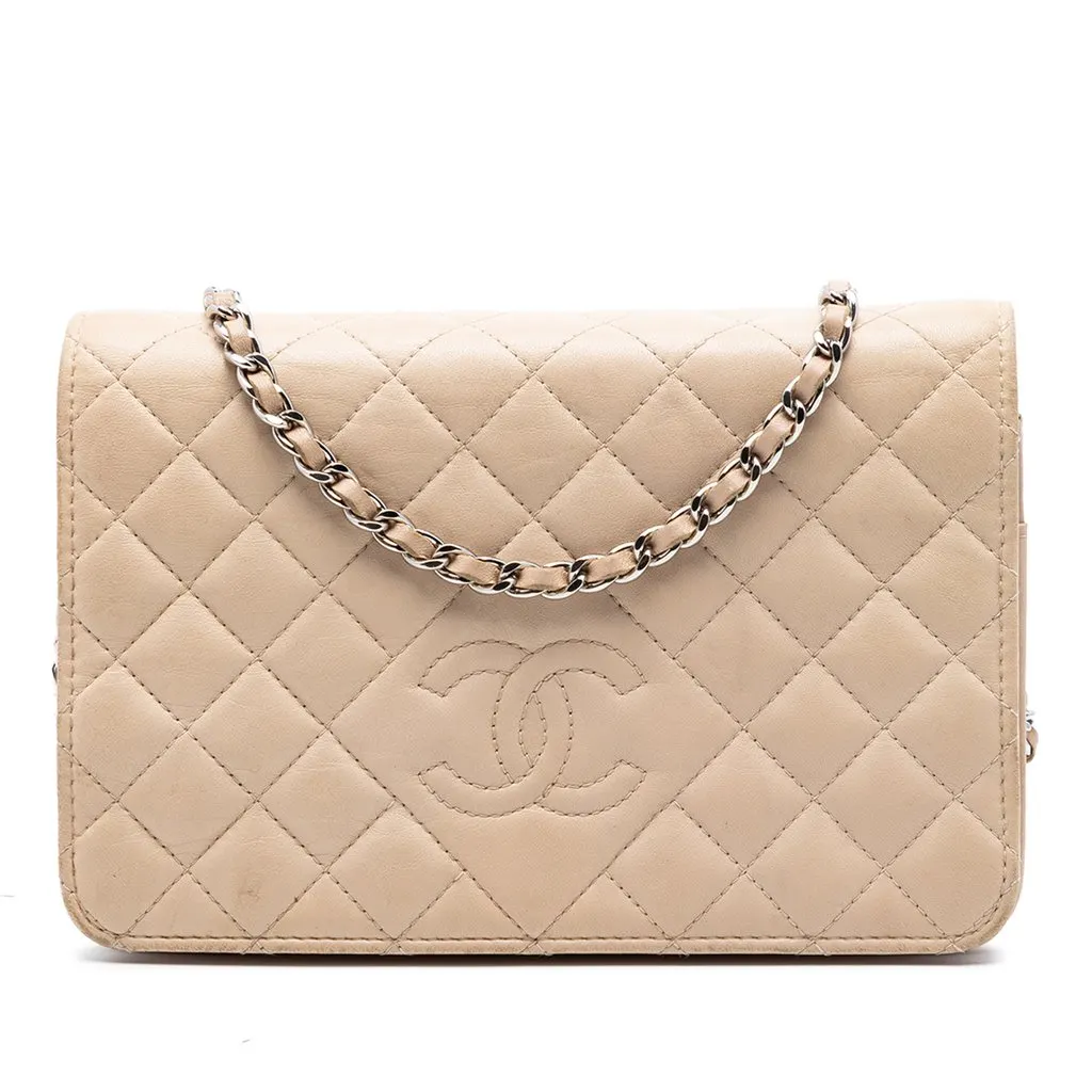 Chanel CC Quilted Lambskin Diamond Wallet On Chain Beige Leather Very good - Front View