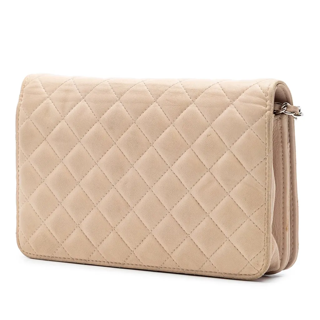Chanel CC Quilted Lambskin Diamond Wallet On Chain Beige Leather Very good - Back View